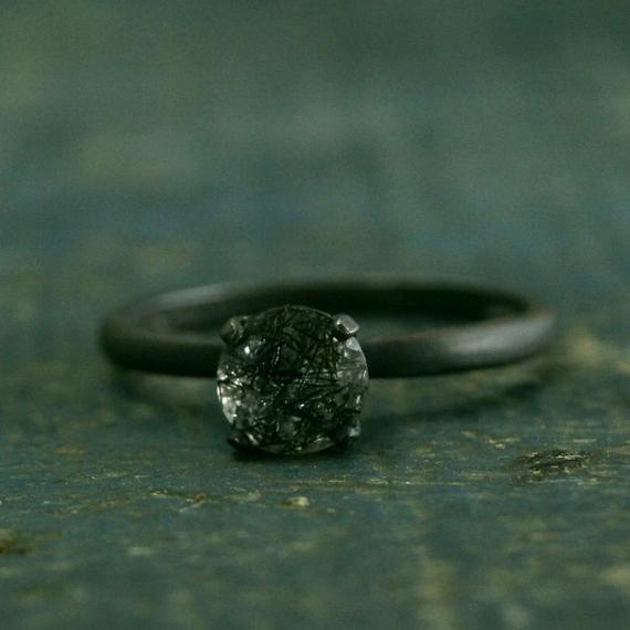 Flat Black Engagement Ring--oxidized Black Ring--rutilated Quartz Engagement Ring--black Stone Ring--dark Stone Engagement--simple Black