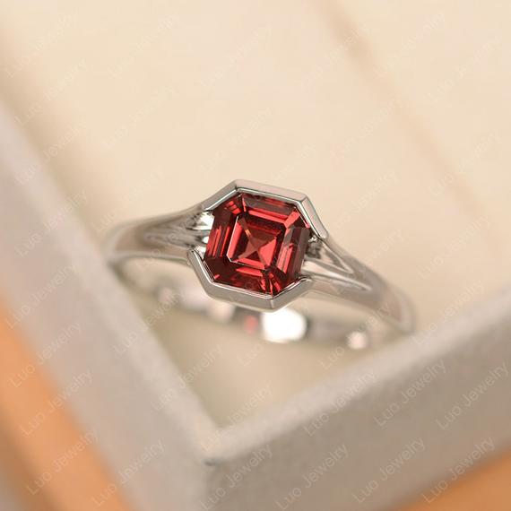 Garnet Ring, Asscher Cut Engagement Ring, January Birthstone, Red Gemstone Ring
