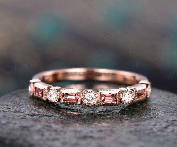 Garnet Diamond Wedding Ring Band 14k Rose Gold Garnet Ring Vintage Stacking Half Eternity Matching Wedding Band Princess Cut Promise Ring