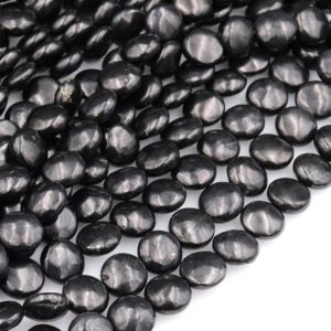 Shop Shungite Beads! Genuine Natural Shungite 10mm 12mm Coin Beads High Quality Black Lustrous Gemstone from Russia 15.5" Strand | Natural genuine other-shape Shungite beads for beading and jewelry making.  #jewelry #beads #beadedjewelry #diyjewelry #jewelrymaking #beadstore #beading #affiliate #ad