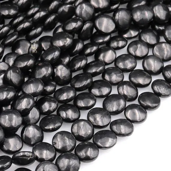 Genuine Natural Shungite 10mm 12mm Coin Beads High Quality Black Lustrous Gemstone From Russia 15.5" Strand