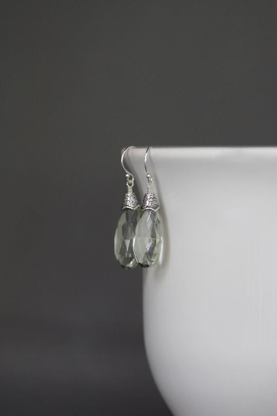 Green Amethyst Earrings - Green Gemstone Earrings - Bali Silver Earrings - Wire Wrapped Earrings Silver - Statement Earrings