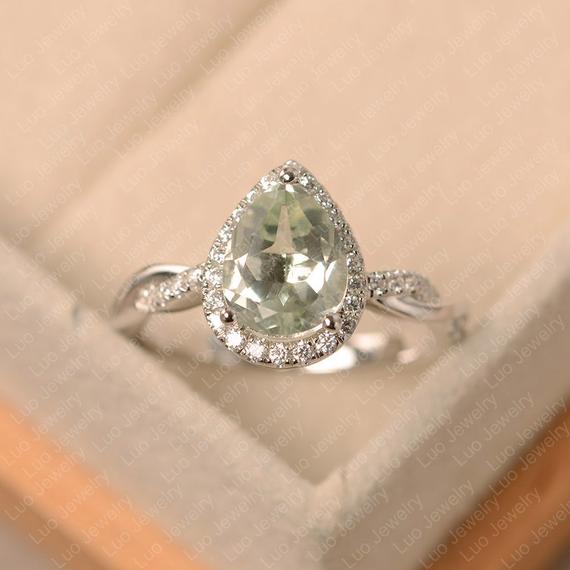 Natural Green Amethyst Ring, Pear Cut, Sterling Silver, Halo Wedding Ring For Women