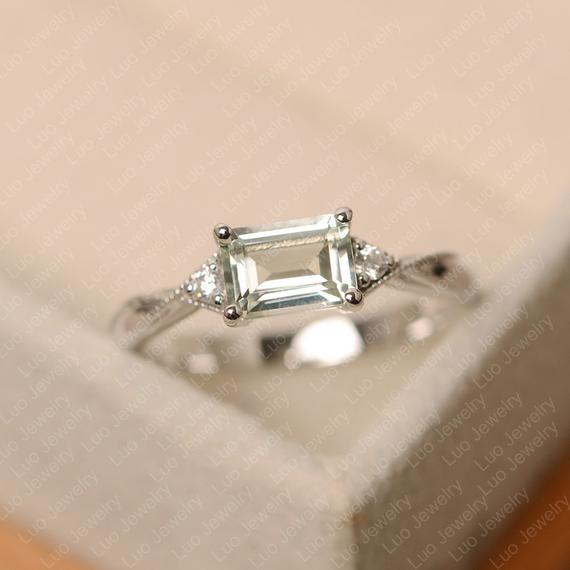 Green Amethyst Ring, Sterling Silver, Engagement Ring, Emerald Cut Three Stone Ring