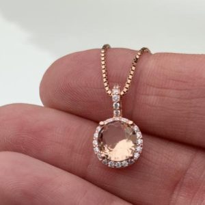 Shop Morganite Necklaces! Halo Morganite Necklace, Rose Gold Chain and Pendant with Pave CZ Stones Around Morganite Stone, Wedding Bridal Jewelry, Bridesmaid Gift | Natural genuine Morganite necklaces. Buy handcrafted artisan wedding jewelry.  Unique handmade bridal jewelry gift ideas. #jewelry #beadednecklaces #gift #crystaljewelry #shopping #handmadejewelry #wedding #bridal #necklaces #affiliate #ad