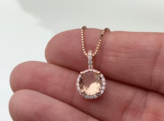 Halo Morganite Necklace, Rose Gold Chain And Pendant With Pave Cz Stones Around Morganite Stone, Wedding Bridal Jewelry, Bridesmaid Gift