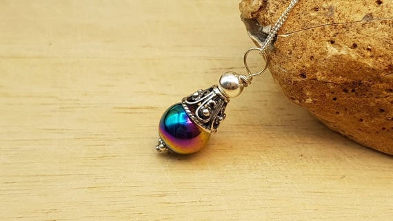 Minimalist Rainbow Hematite Cone Pendant. Reiki Jewelry Uk. Grey Semi Precious Stone. 10mm Stone. Bali Silver Necklaces For Women.