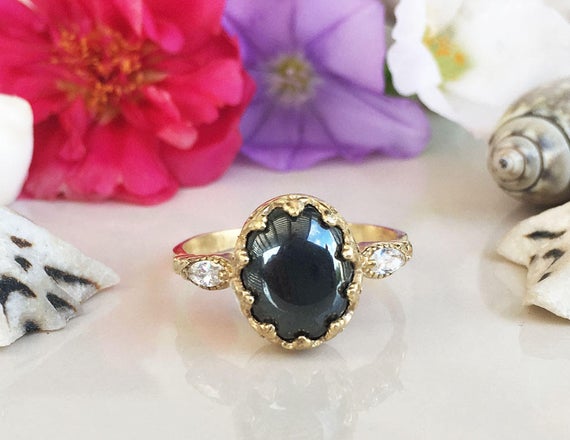 Hematite Ring - Mirrored Ring - Gold Ring - Statement Ring - Oval Crown Ring - Bezel Ring - Gemstone Ring - Hematite Jewelry
