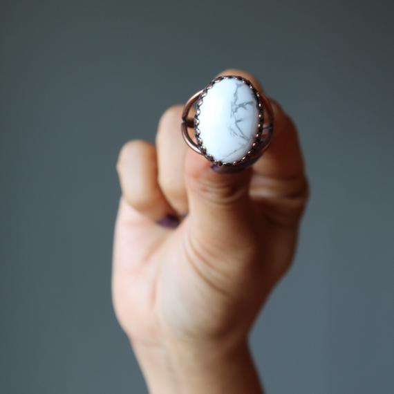 Howlite Ring Adjustable Antique Copper Oval White Gray Gemstone