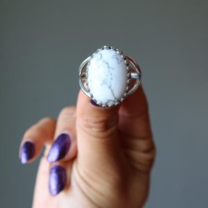 Shop Howlite Rings! Howlite Ring Adjustable Sterling Silver White Gray Oval Gemstone | Natural genuine Howlite rings, simple unique handcrafted gemstone rings. #rings #jewelry #shopping #gift #handmade #fashion #style #affiliate #ad