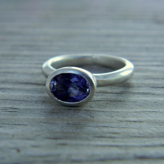 Periwinkle Blue Iolite Oval Ring In Sterling Silver | Blue Gemstone Solitaire Ring | Handmade Jewelry From New England