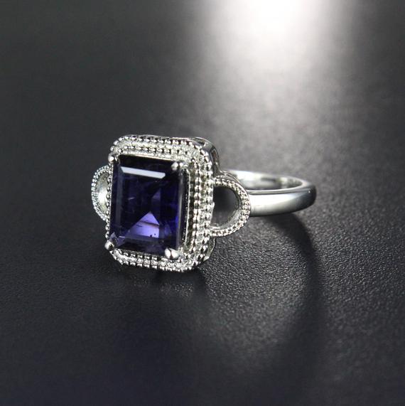 Iolite Ring-september Birthstone Ring-grey-blue Gemstone Ring-925 Silver Ring-statement Ring-prong Set Ring-rectangle Ring-something Blue