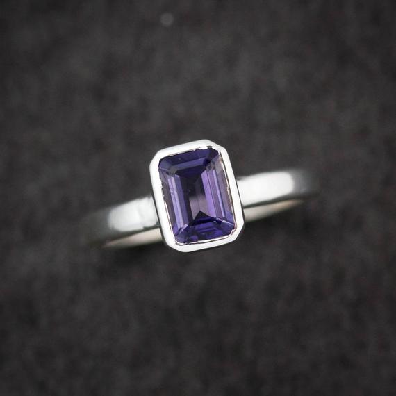 Water Sapphire Ring, Emerald Cut Iolite Ring, Eco Silver Stacking Ring, Gemstone Solitaire Ring,water Sapphire, Size 7.5