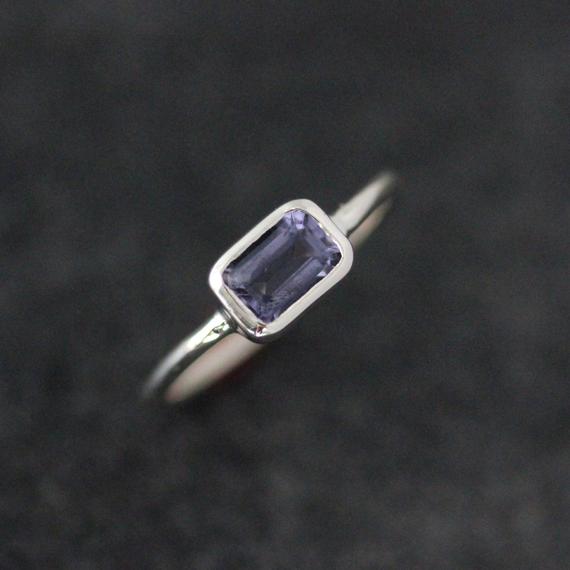 Water Sapphire Ring, Iolite Rectangular Octagon Stacking Rings,  Periwinkle Blue Gemstone Solitaire Ring With Low Profile