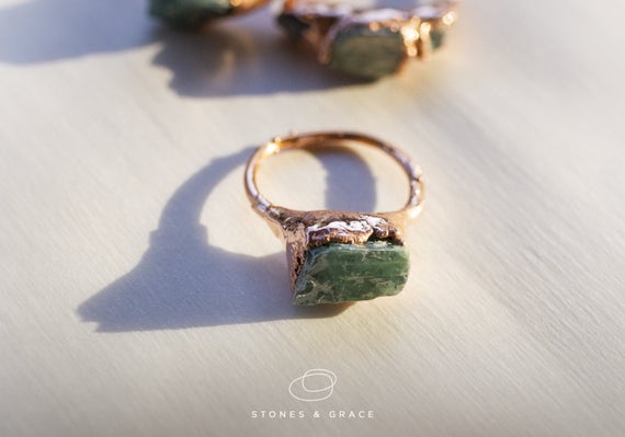 Jade And Copper Ring | Raw Jade Ring | Green Stone Ring | Electroformed Jade Ring