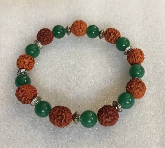 Green Jade Beads, Rudraksh Beads, Rudraksha, Wrist Mala, Healing Bracelet - Karma, Nirvana, Meditation, Prayer Beads, For Awakening Chakras