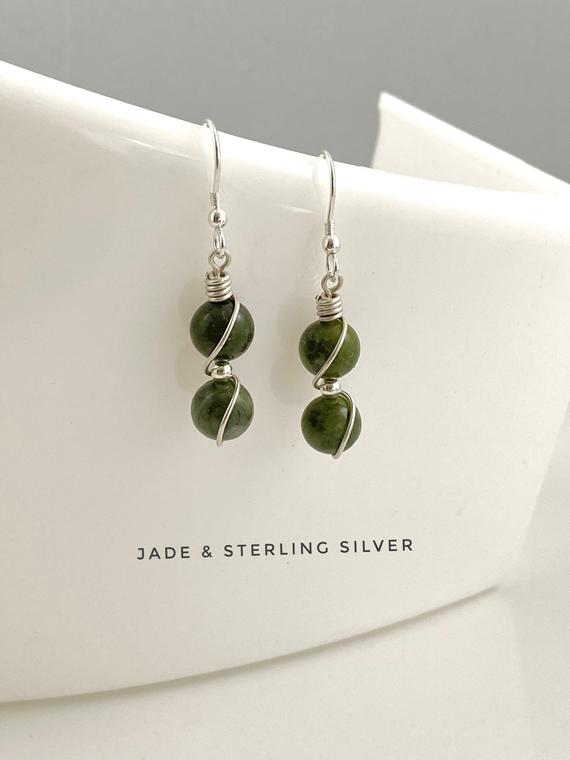 Jade Earrings, Sterling Silver, Jade Drop Earrings