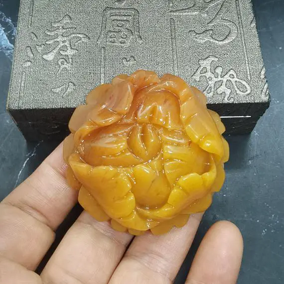 Natural Huanglong Jade Pendant Hand Carving Peony Flowers Bloom Blessing Riches