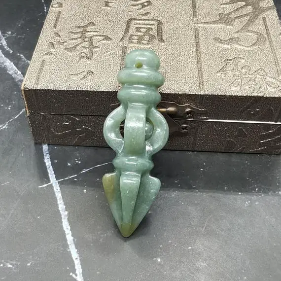 Natural Gray Jade Pendant Coving Chinese Magic Column Untreated Jade Amulet