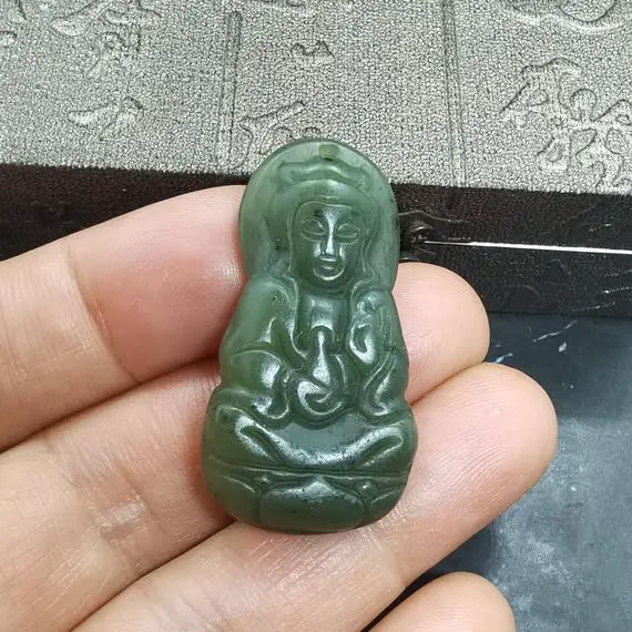 Natural Nephrite Green Jade Pendant Hand Carving Guanyin And Maitreya