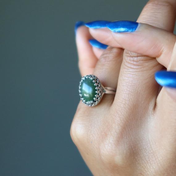 Green Jade Ring, Nephrite Green Oval, Adjustable Sterling Silver, Prosperity Stone