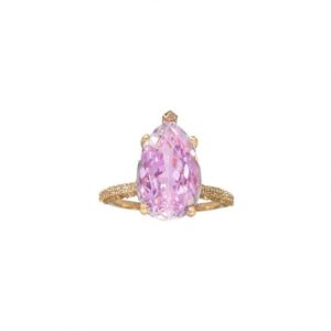 Shop Kunzite Rings! Pear Shape Kunzite Ring with Diamond Double Side Halo | Natural genuine Kunzite rings, simple unique handcrafted gemstone rings. #rings #jewelry #shopping #gift #handmade #fashion #style #affiliate #ad