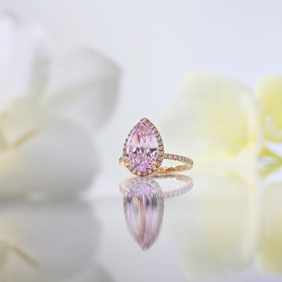 Pear Shape Kunzite Ring With Diamond Halo