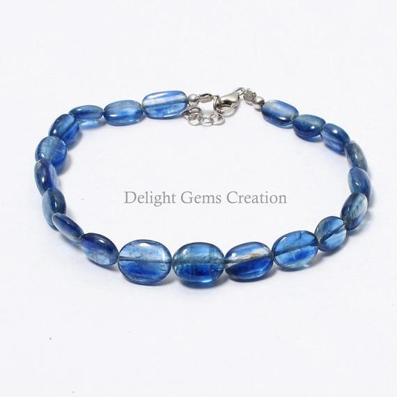 Kyanite Blue Flat Oval Beads Bracelet, 6x9mm- 9x11mm Blue Kyanite Beaded Bracelet, Aaa++ High Quality Beads, Birthday Gift, Women's Bracelet
