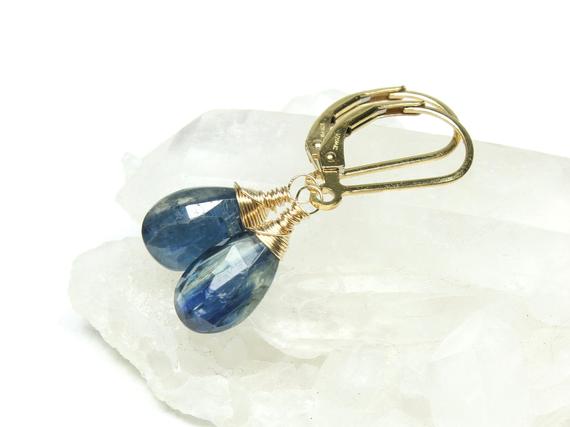Blue Kyanite Earrings Gold Filled Or Sterling Silver Wire Wrapped Natural Gemstone Dainty Dangle Drops March Birthstone Gift For Mom 6103