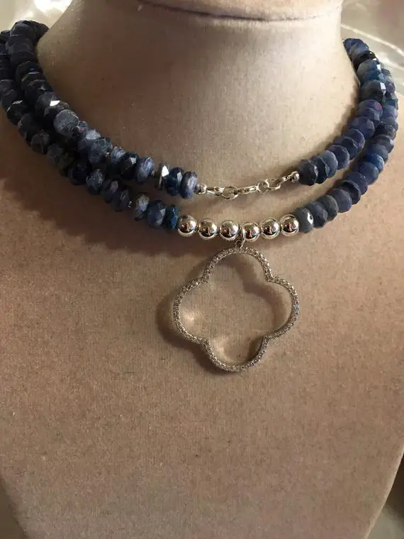Blue Necklace - Cz Jewelry - Kyanite Gemstone Jewellery - Silver - Quatrefoil Pendant - Luxe - Long