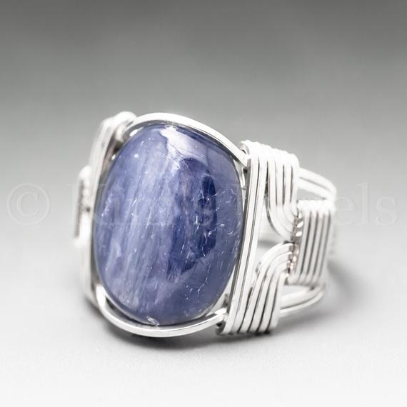 Blue Kyanite Sterling Silver Wire Wrapped Gemstone Cabochon Ring - Optional Oxidation/antiquing - Made To Order, Ships Fast!
