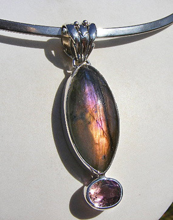 Labradorite And Ametrine Pendant, Aa Quality, Rare Lavender And Golden Color, Faceted Ametrine Accent, Sterling Silver