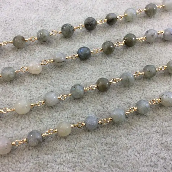 Gold Plated Copper Wrapped Rosary Chain With 6mm Smooth Natural Iridescent Labradorite Round Shaped Beads - Sold By The Foot! (ch308-gd)