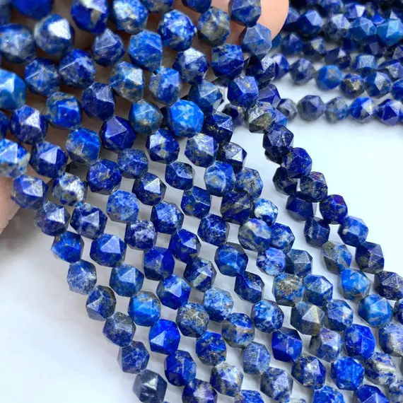 Natural Lapis Lazuli Star Cut Faceted Beads 6mm 8mm 10mm, Blue Rose Cut Geometric Cut Faceted Gemstone Nugget Mala Beads, Focal Gemstone