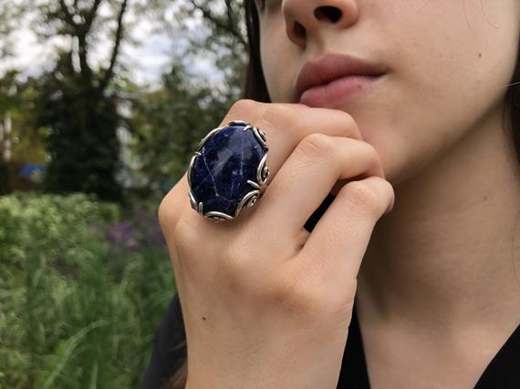 Large Sodalite Ring, Blue Sodalite Ring, Natural Sodalite, Vintage Rings, Large Stone Ring, Deep Blue Ring, Solid Silver Ring, Sodalite
