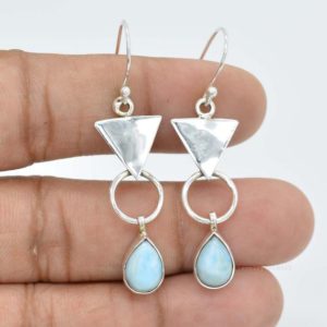 Larimar Earrings | 925 Sterling Solid Silver Earring | 7×10 mm Pear Larimar Earrings | Gemstone Earrings | Boho Earrings | Women Earrings | Natural genuine Gemstone earrings. Buy crystal jewelry, handmade handcrafted artisan jewelry for women.  Unique handmade gift ideas. #jewelry #beadedearrings #beadedjewelry #gift #shopping #handmadejewelry #fashion #style #product #earrings #affiliate #ad