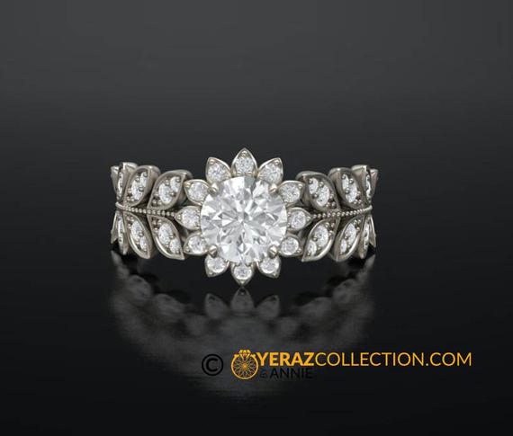 Leaf Engagement Ring, Flower Engagement Ring, White Gold 14k, White Sapphire Engagement Ring, Nature Inspired Diamond Ring, Bridal Ring