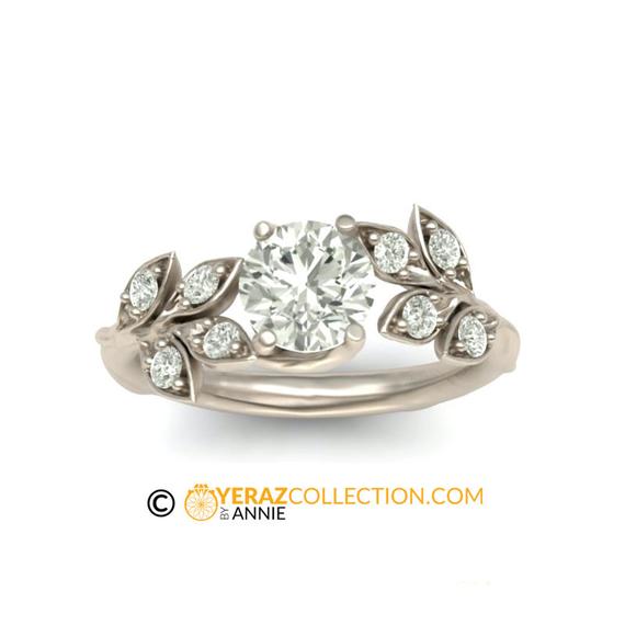 Leaf Engagement Ring, White Gold 14k, White Sapphire Engagement Ring, Nature Inspired Diamond Leaf Ring, Leaf Gold Ring, Bridal Ring