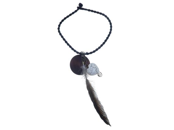 Magnesite Necklace Funky Brown Feather Puffy White Stone Heart