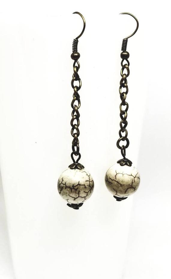 Magnesite White Ball On Bronze Chain Earrings, Boho Chic  White  Magnesite Earrings Round Bead On Chain
