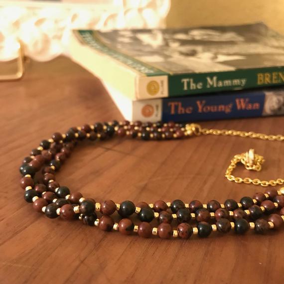 Mahogany Obsidian Necklace: Triple Strand With Gold Czech Glass Accent Beads