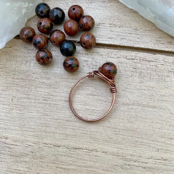 Mahogany Obsidian Ring, Obsidian Gemstone Bead Ring, Crystal Rings, Wire Wrapped Ring, Jasper Wire Wrap, Mens Wire Wrapped Ring