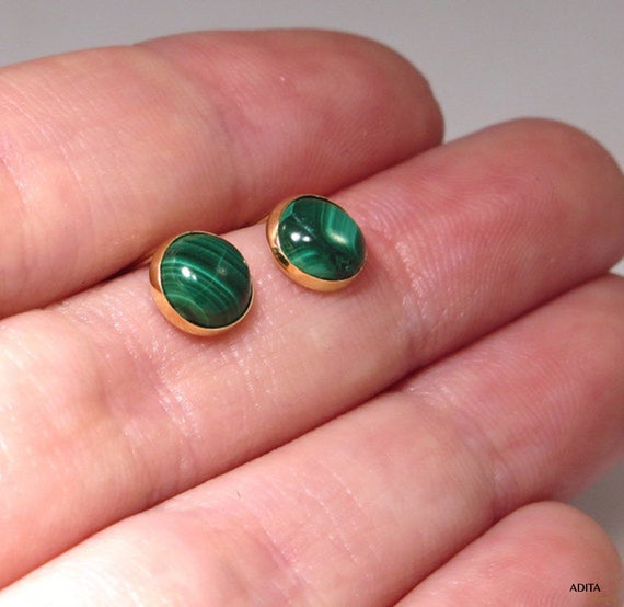 Malachite Earrings, 14k Gold Earrings, Gemstone Earrings, Stud Earrings, Bohemian Earrings, Green Jewelry, Dainty Earrings, Tiny Earrings