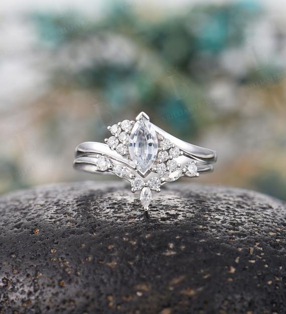 Marquise White Sapphire Engagement Ring Set Vintage White Gold Diamond Cluster Bridal Set Antique Moissanite Curved Wedding Band Bypass Band
