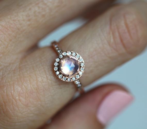 Moonstone Engagement Ring, Halo Diamond Moonstone Ring, Rainbow Blue Moonstone Engagement Diamond Ring