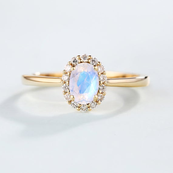Moonstone Engagement Ring Oval Cut Engagement Ring Women Wedding Diamond  Vintage Antique Halo Set Bridal Jewelry Anniversary