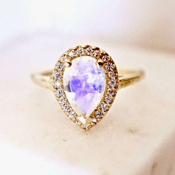 Moonstone Diamond Halo Engagement Ring 14k Gold, Pear Moonstone Diamond Halo Ring, Pear Shaped Moonstone Bridal Ring