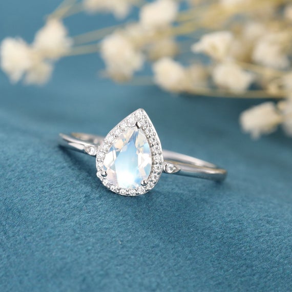 Moonstone Engagement Ring  Pear Shaped  Vintage Engagement Ring White Gold Halo Moissanite Enggement Ring Women Anniversary Gift For Her