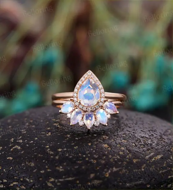 Pear Shaped Moonstone Engagement Ring Set Vintage Teardrop Moonstone Wedding Bridal Set Art Deco Birthstone Anniversary Wedding Rings