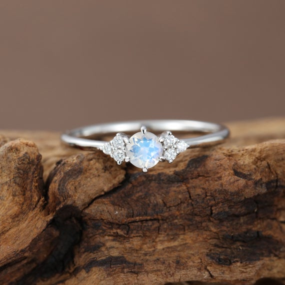 Moonstone Engagement Ring White Gold Diamond Cluster Engagement Ring Unique Simple Thin Dainty Wedding Ring Bridal  Promise Anniversary Gift